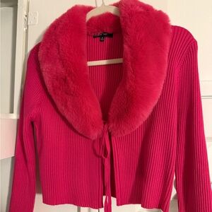 Love Tree Vibrant Pink Cardigan with Faux Fur Collar